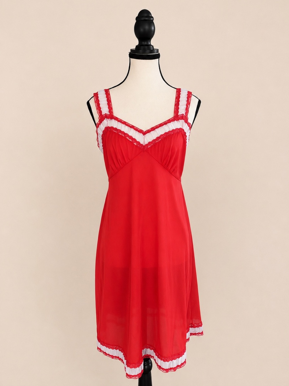 Vintage 70s Karisma by Harvey Woods Coral Red Sheer Ruffle Lace Midi Nightgown S